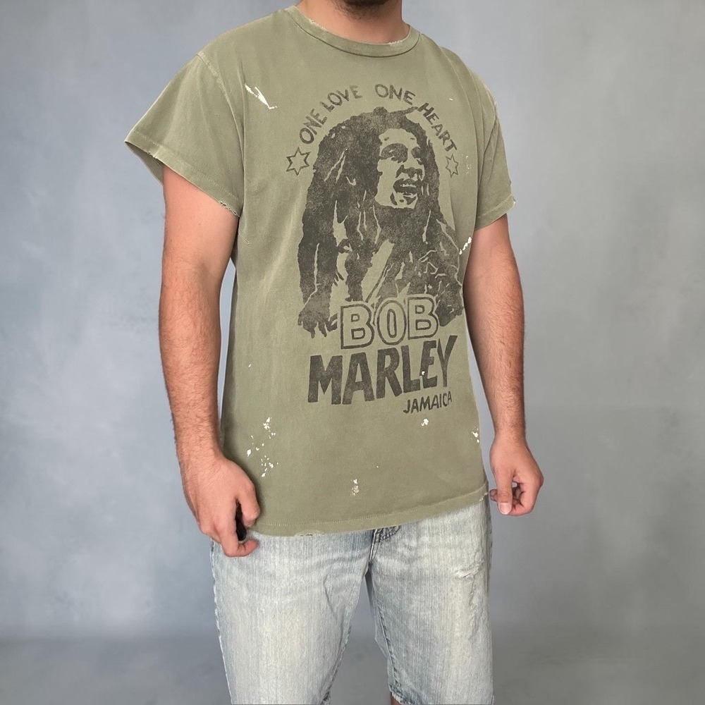 Bob Marley Jamaica Graphic Tee‎ Olive Green Distressed Vintage Style Size XL